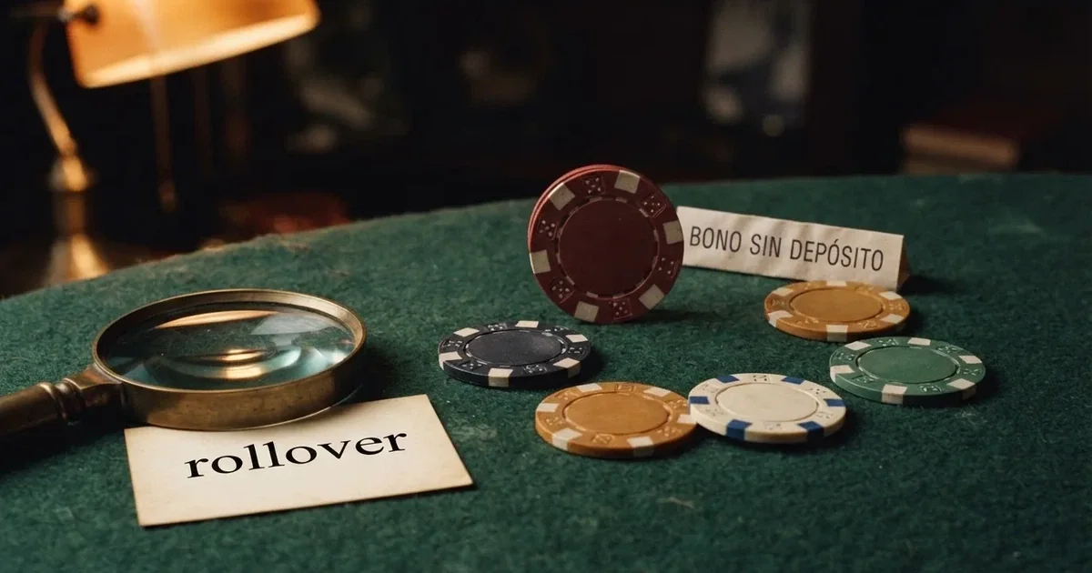 Comparativa de cinco fichas de casino con el texto «bono sin depósito» en primer plano, una lupa sobre la palabra «rollover» y el logo de la DGOJ en la esqina superior