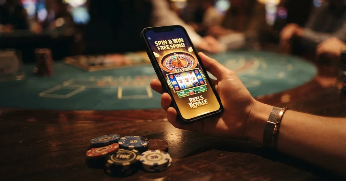 Un primer plano de una mano sosteniendo un móvil con una ruleta o tragaperras en la pantalla, junto a unas monedas sobre una mesa, iluminación cálida