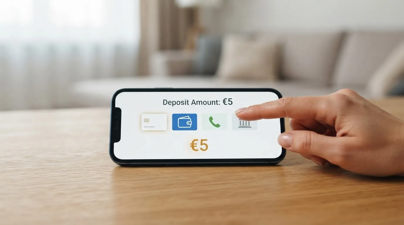 Pantalla de pago de un casino online con los iconos de Bizum, Visa, PayPal y Skrill visibles, junto a billetes de 5 euros