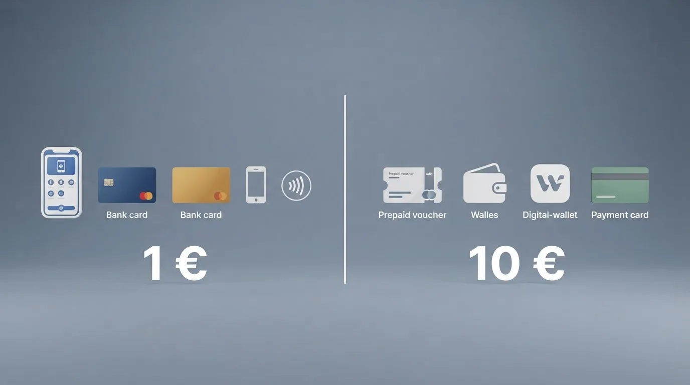 Comparativa visual de los métodos de pago que aceptan 1 euro (Bizum, Visa, Mastercard, Google Pay, Apple Pay) frente a los que exigen 10 euros o más (PayPal, Paysafecard, Skrill, Neteller)