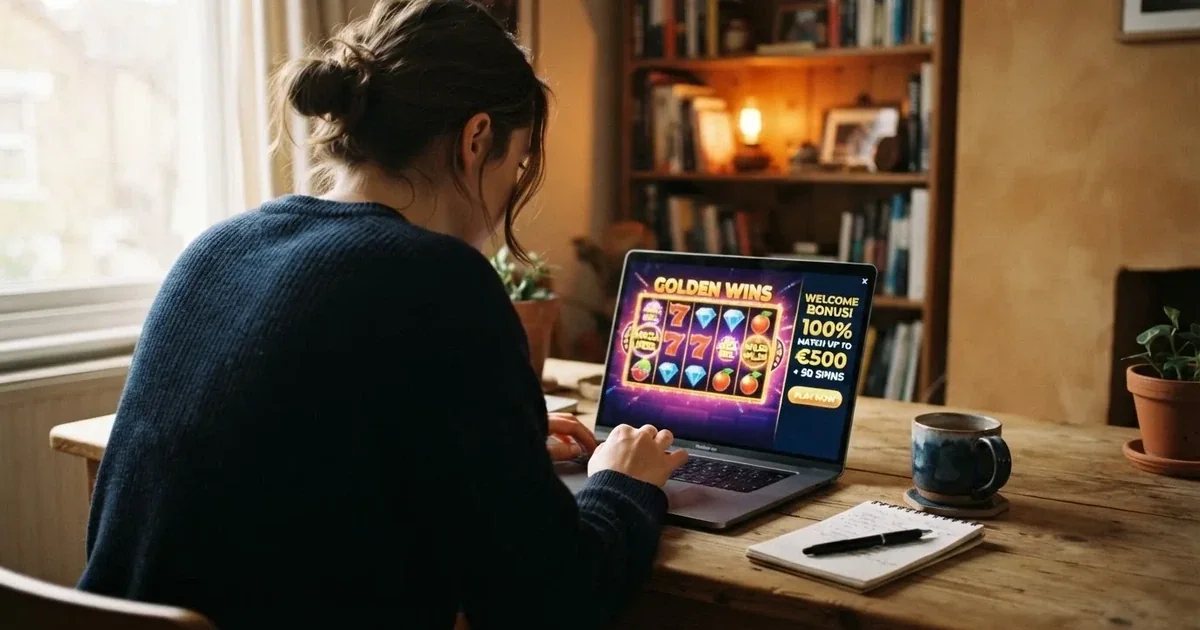 Jugador consultando una tabla comparativa de casinos online en una pantalla, con el dominio .es y el logotipo de la DGOJ visibles en segundo plano