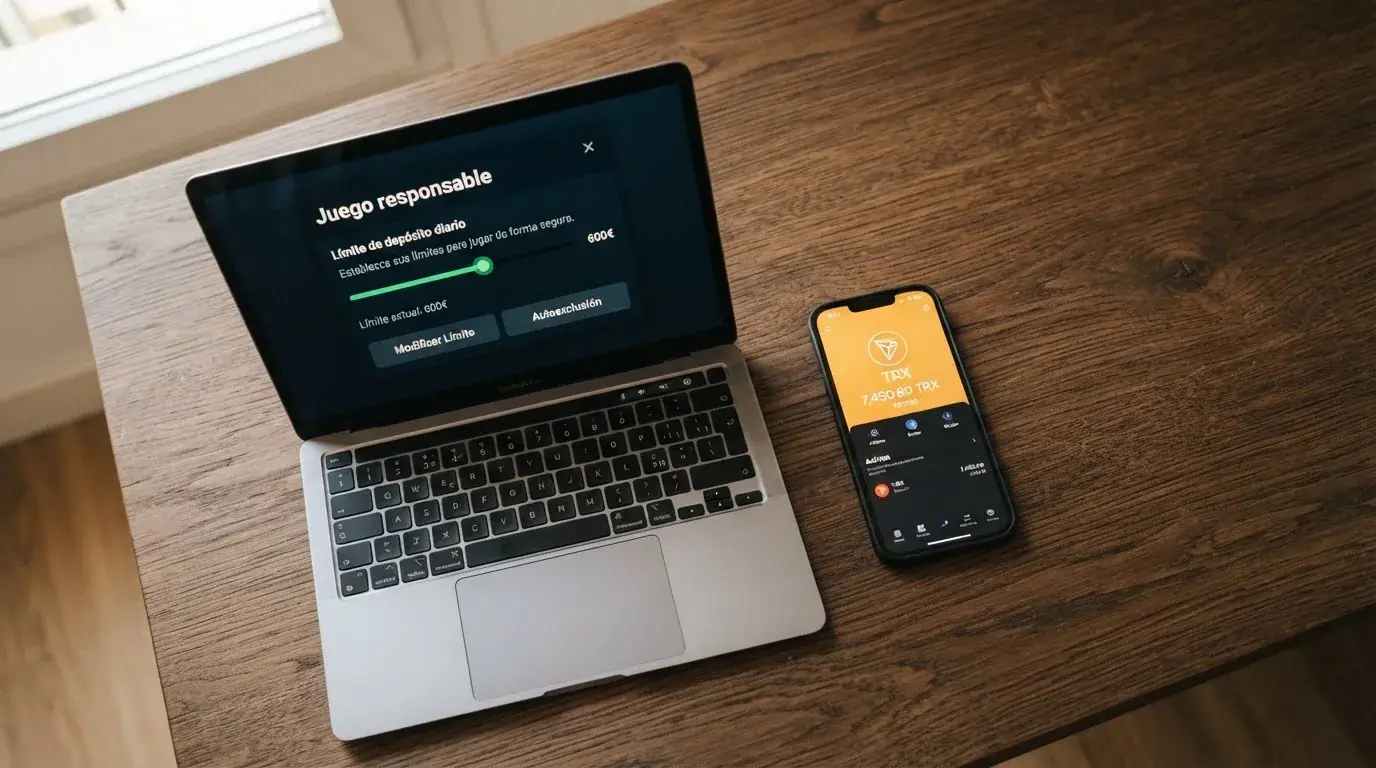 Pantalla dividida: a la izquierda el sitio web de la DGOJ con el sello de juego seguro, a la derecha una cartera TronLink mostrando un saldo en TRX