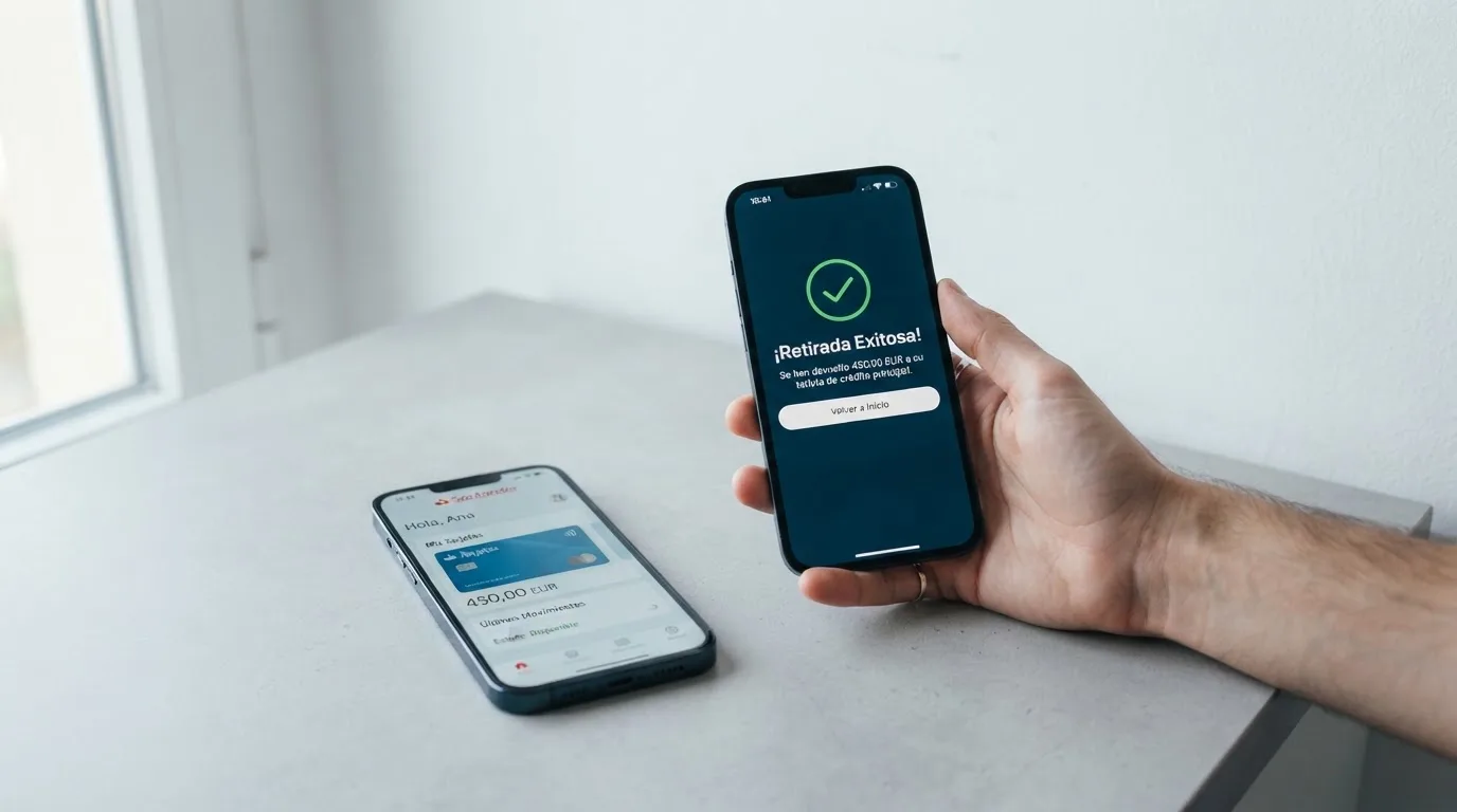 Un móvil mostrando la pantalla de retirada de un casino online junto a la app CaixaBank Pay con el icono de la tarjeta VISA vinculada
