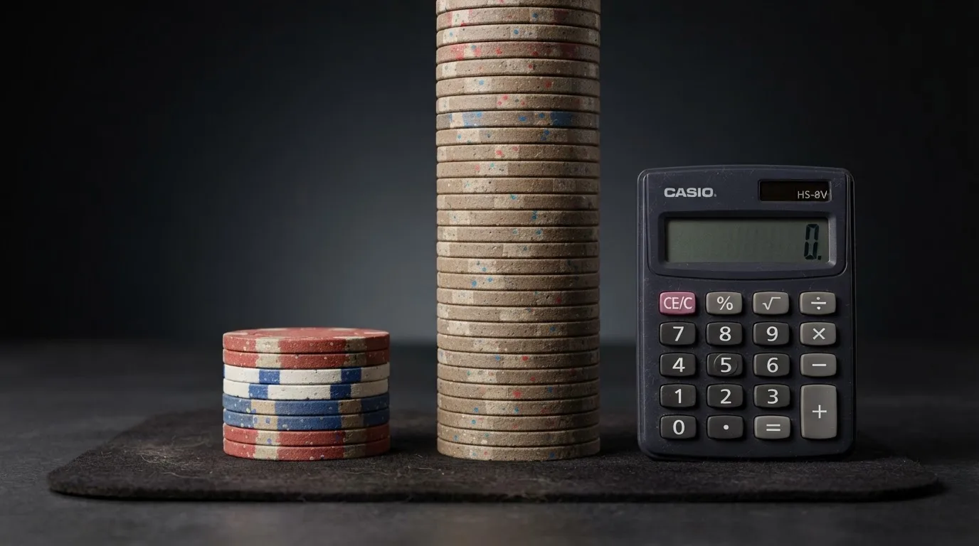 Una ilustración con fichas de casino apiladas y una calculadora al lado, donde una pila pequeña representa las ganancias iniciales y otra mucho mayor simboliza el volumen de apuestas exigido por el requisito de apuesta