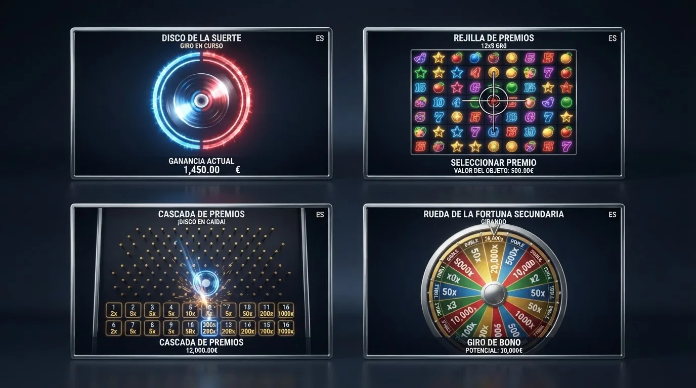 Las cuatro pantallas de bonificación de Crazy Time: Coin Flip (moneda), Cash Hunt (pared de símbolos), Pachinko (tablero de clavijas) y Crazy Time (rueda secundaria)