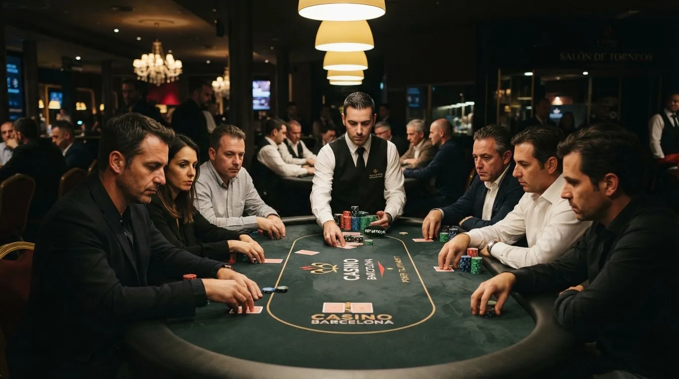 Mesa de póker en el interior de la sala de Casino Barcelona durante un torneo, con jugadores, fichas y cartas sobre el tapete