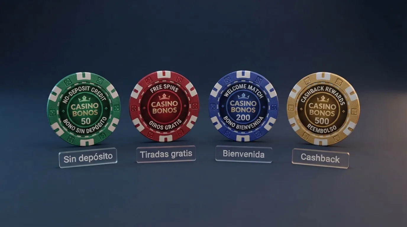 Comparativa visual de distintos tipos de bonos de casino online: sin depósito, tiradas gratis, bono de bienvenida y cashback