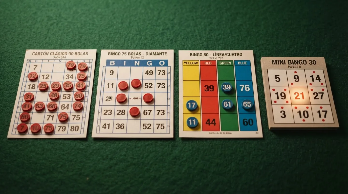 Cuatro cartones de bingo online alineados mostrando las diferencias entre las variantes de 90, 75, 80 y 30 bolas, con sus distintas cuadrículas y patrones