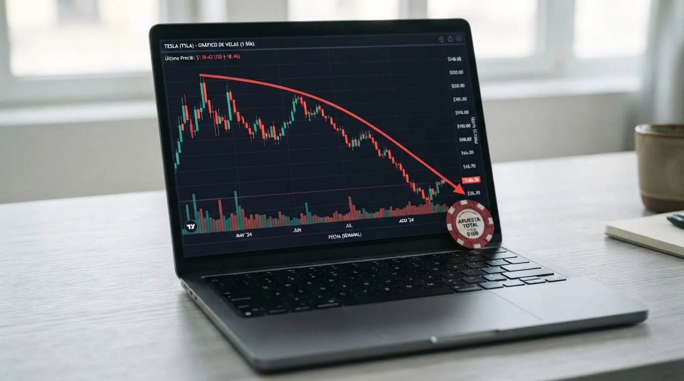 Gráfico de velas de ETH/USD con una línea roja que cruza varios valles en pocas semanas y, superpuesto, el icono de una ficha de casino.